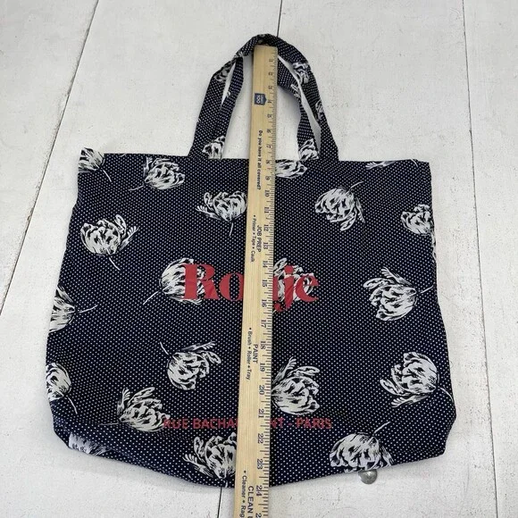 Les Filles En Rouje Navy Blue Polka Dot Floral Cotton Reusable Shopper Tote Bag - Picture 4 of 6